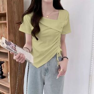 Elegant Square Neck Ruched Blouse in Light Green